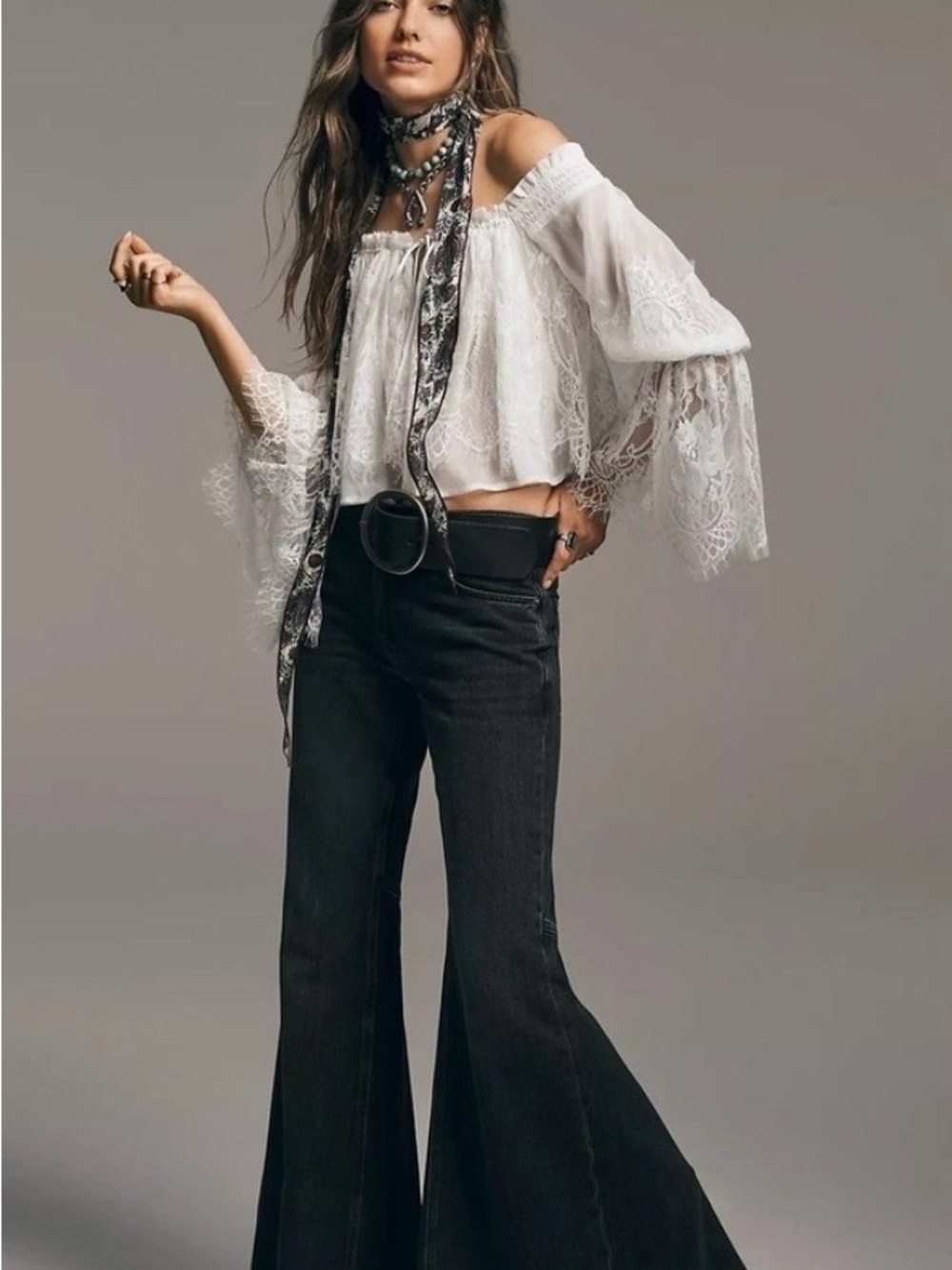Free People EMRE Black Wide-Leg Bell Flare Jeans size 28